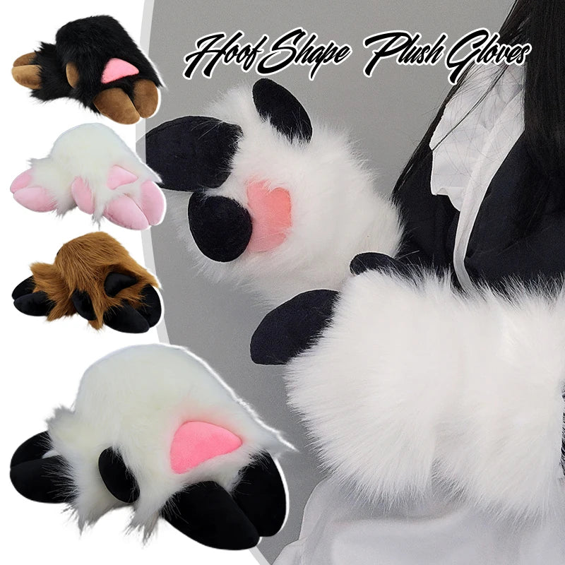 Cartoon Sheep Hoof Shape Plush Cosplay Gloves - Furry Animal Costume Mittens