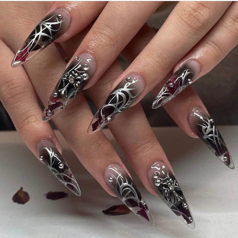 Halloween Bloodstain Nail Art False Nails with Glue - Long Pointed Detachable Design