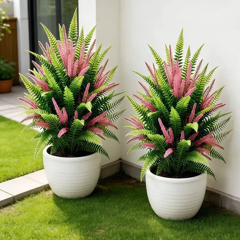 Outdoor Artificial Ferns with Faux Lavender and Ground Stakes - UV-Resistant Garden Decor, 2-Pack