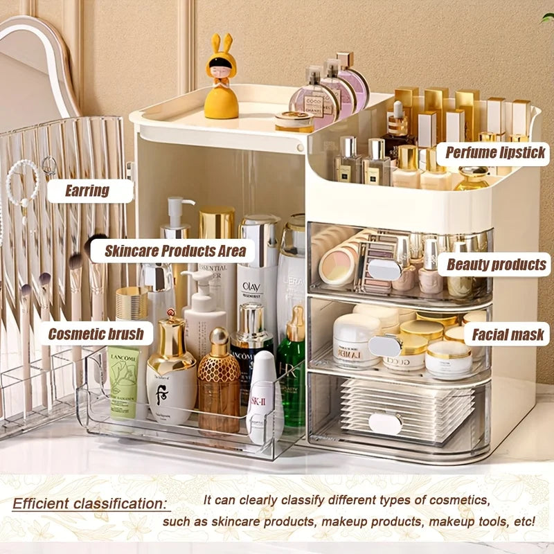 Beige Cosmetic Storage Box with 3 Drawers and Mirror - High Capacity Makeup Organizer