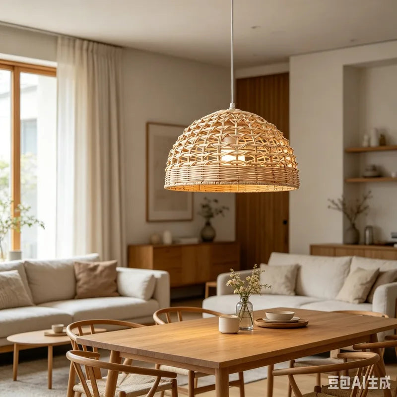 Boho Wicker Rattan Hanging Pendant Light for Kitchen Island & Bedroom - 28cm