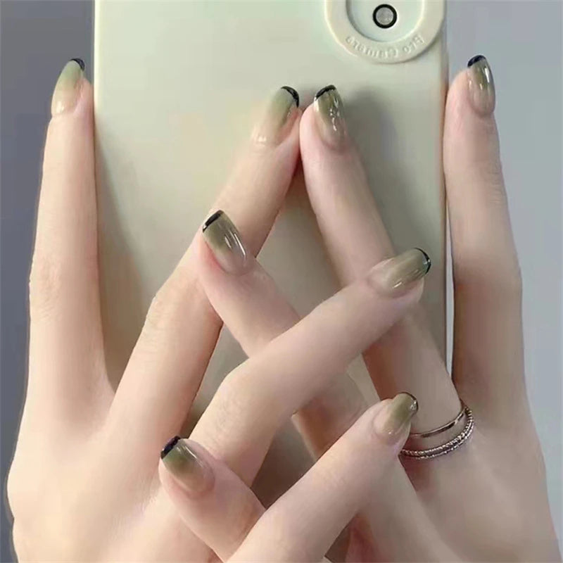 24Pcs Short Coffin Fake Nails with Glue Ink & Halo Dyeing Pattern - Press On Art Tips