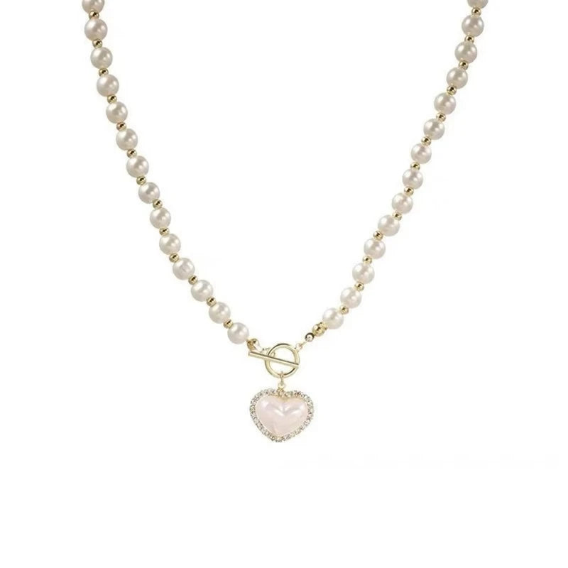 Elegant Pearl Necklace for Women Heart Pendant Imitation Pearls Chain Jewelry