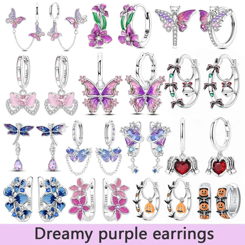 925 Silver Pastel Violet Sparkling Bowknot Hoop Earrings for Women Gift