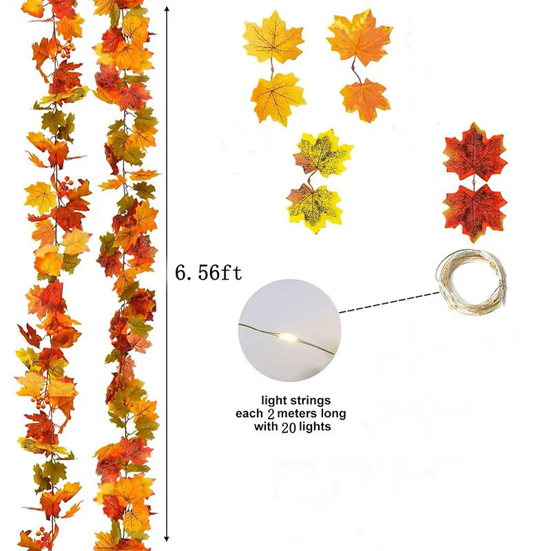 200CM Autumn Artificial Maple Leaf Wreath Fake Leaf Plant Vine for Home Garden Decor