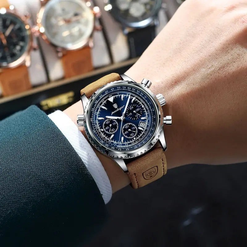 Luxury Men's Waterproof Luminous Chronograph Watch with Leather Strap