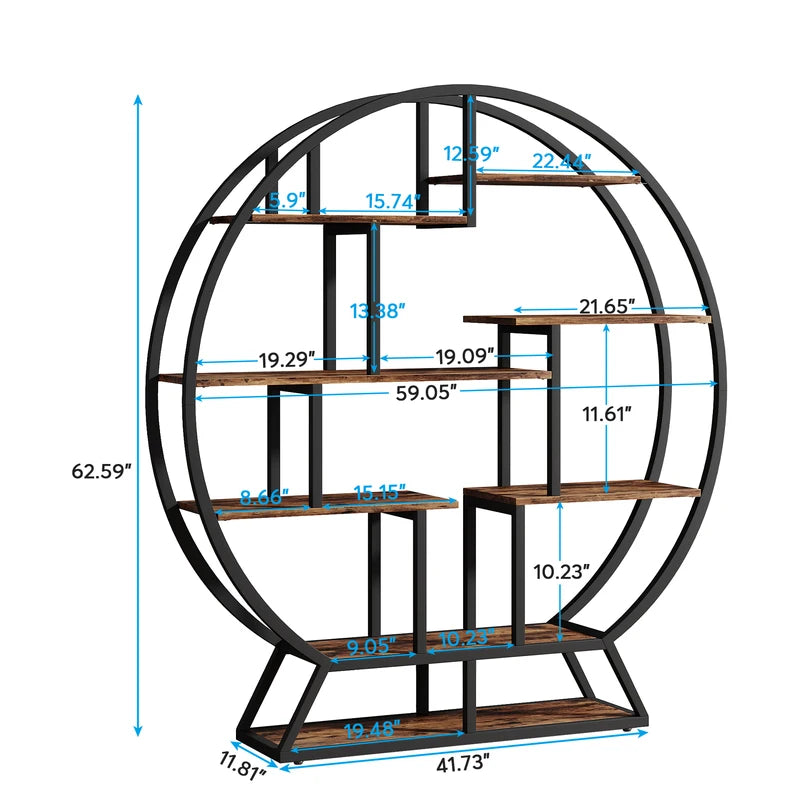 Industrial Round Bookshelf with Staggered Shelves - 63-Inch Wood Bookcase