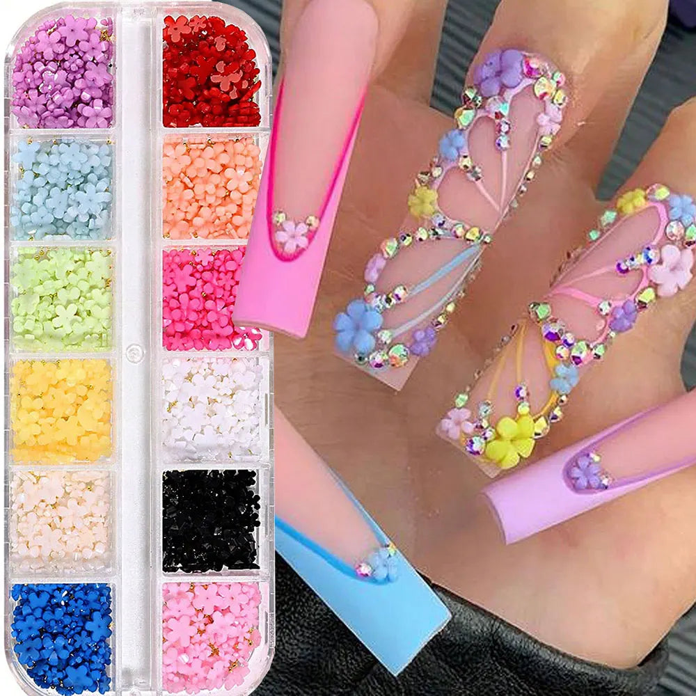 3D Flower Nail Art Decorations Kit with Beads & Floral Charms – Pink & White Acrylic Designs, Includes Wax Pen & Tweezer