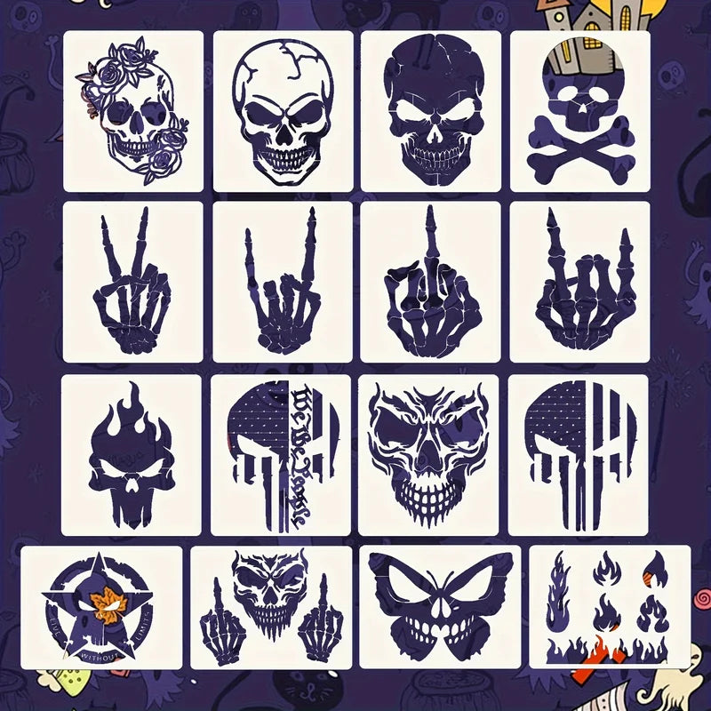 16 Pcs 5x6 Inch Skull Fire Stencils for Painting Wood Wall Canvas Halloween Decor