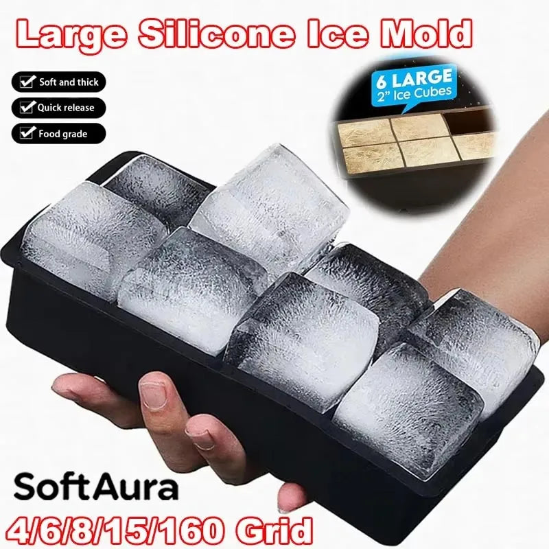 Large Silicone Ice Cube Tray Food Grade Jumbo Square Ice Mold for Home Kitchen