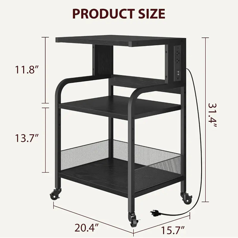 3-Tier Mobile CPU Stand Printer Shelf with Adjustable Shelves & Rolling Wheels