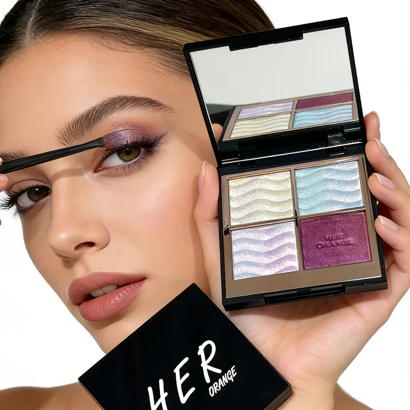 4-Color Eyeshadow Palette with Glitter & Brush - Iridescent Shimmer for Daily & Party Makeup