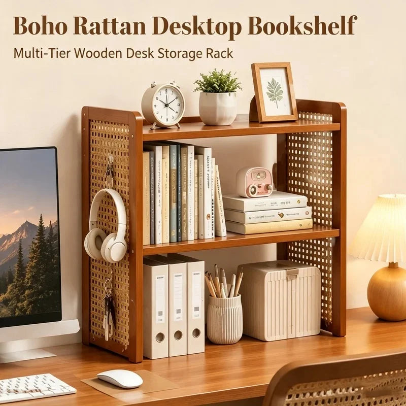 Multi-Height Desktop Bookshelf with Rattan Pegboard - Boho Wooden Organizer for Home Office