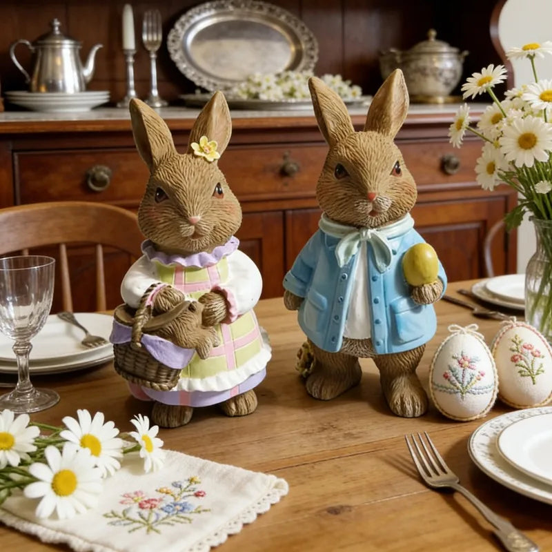 Mini Resin Rabbit Figurines for Easter Holiday Decor - 5 Inch Set