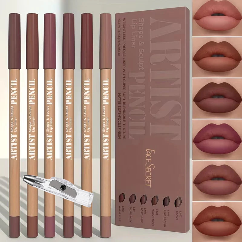 Lip Makeup Set with 6 Matte Lip Liners & Sharpener - Waterproof & Long-Lasting