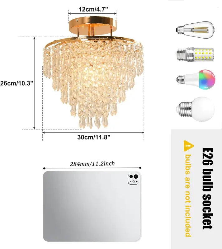 11.8 Inch Gold Crystal Chandelier Ceiling Light - 5 Tiers Raindrops Pendant Fixture for Bedroom Living Room Hallway