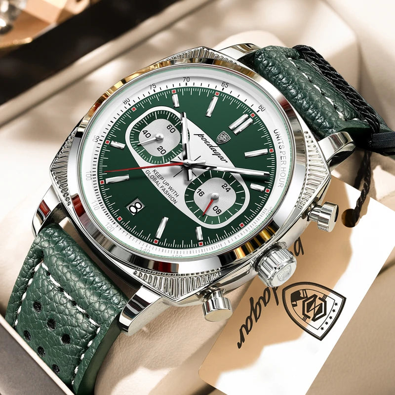 Men's Waterproof Luminous Chronograph Quartz Watch with Leather Strap