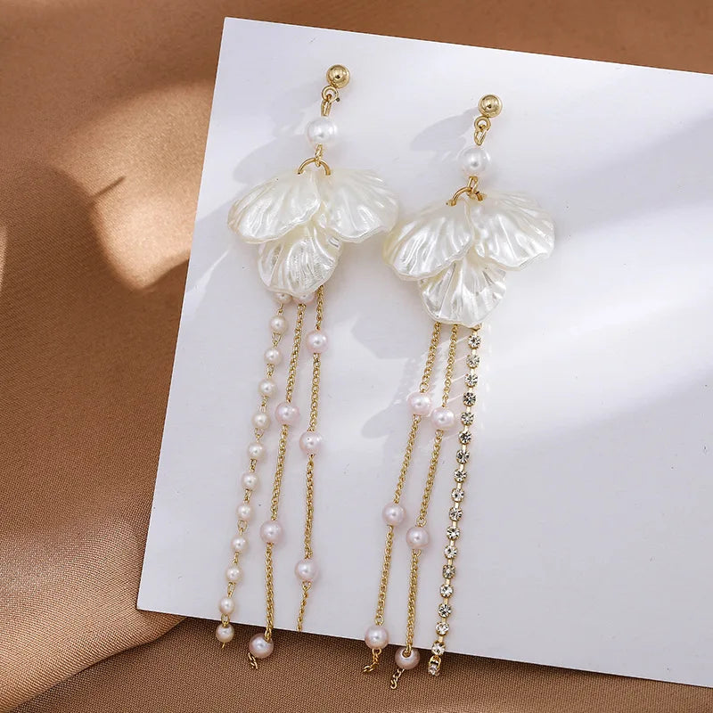 Long Pearl Clip Earrings with Tassel No Hole Shell Imitation Jewelry for Women