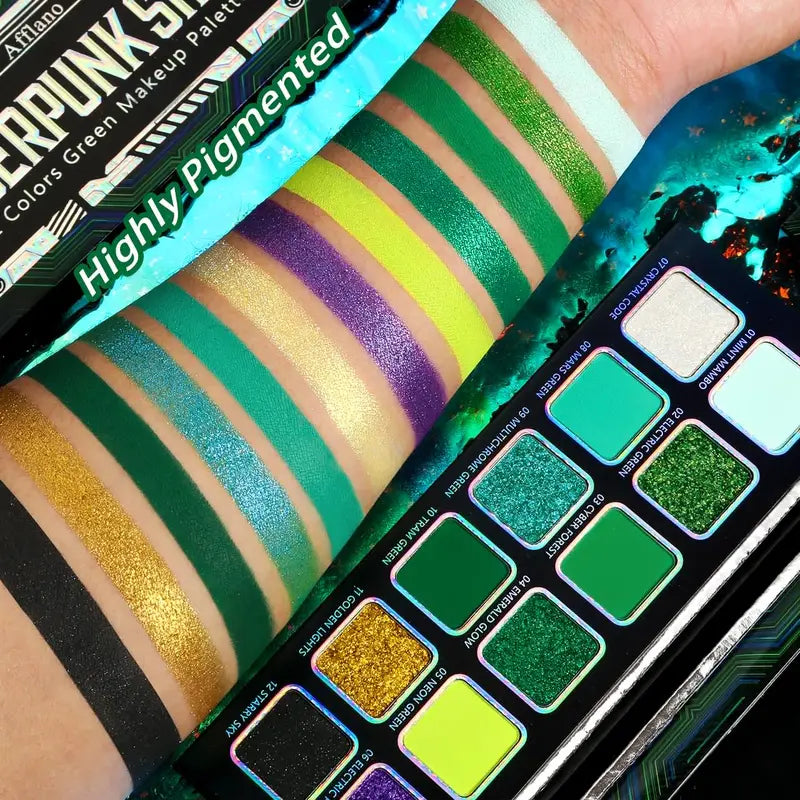 Vegan Multichrome Eyeshadow Palette - 12 Green & Shimmer Shades for Creative Looks
