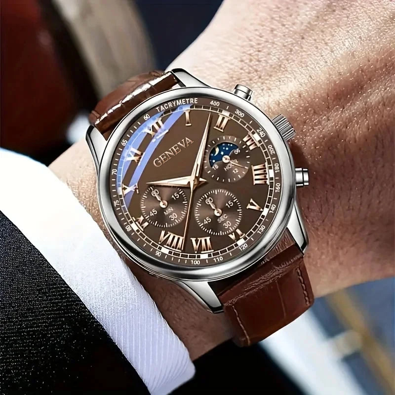 Men's Business Leather Strap Watch - Round Dial Quartz Wristwatch, Water-Resistant