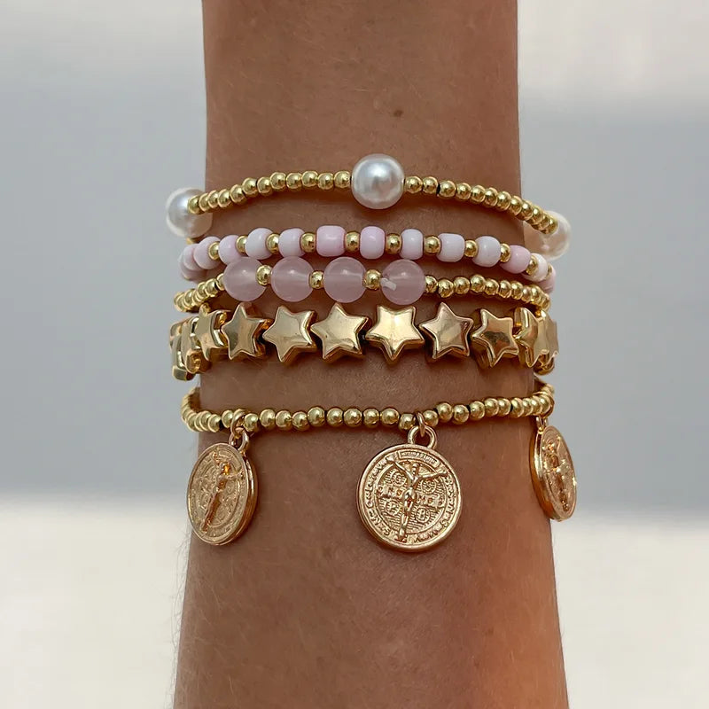 Retro Multi-Layer Star Pendant Bracelet with Beaded Elastic Thread