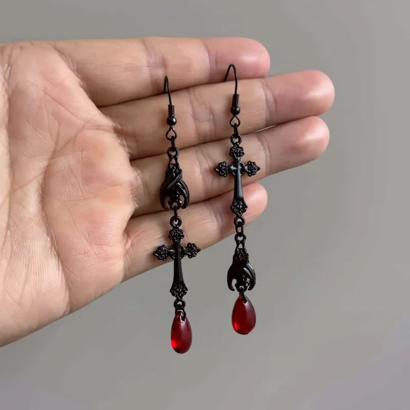 Gothic Vampire Bat Cross Earrings for Men Women Halloween Jewelry - Deep Red Glass Crystals