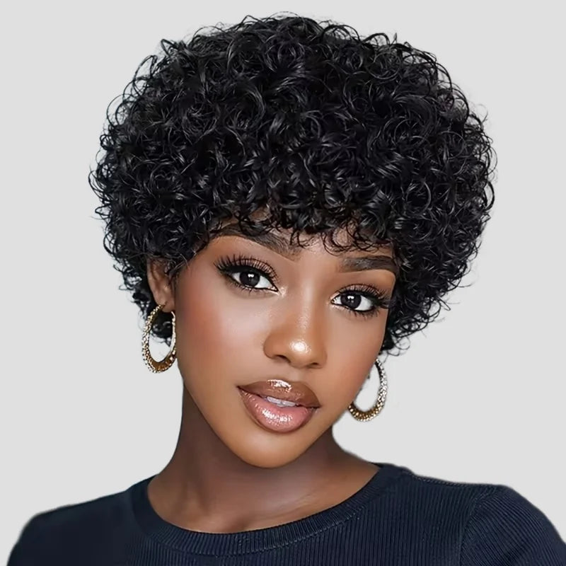 Short Pixie Curly Wig for Black Women - 8 Inch Human Hair Afro Bob with Bangs