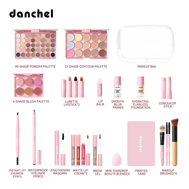 Complete Face Makeup Set with Eyeshadow, Blush, Lipstick, Foundation & Brushes