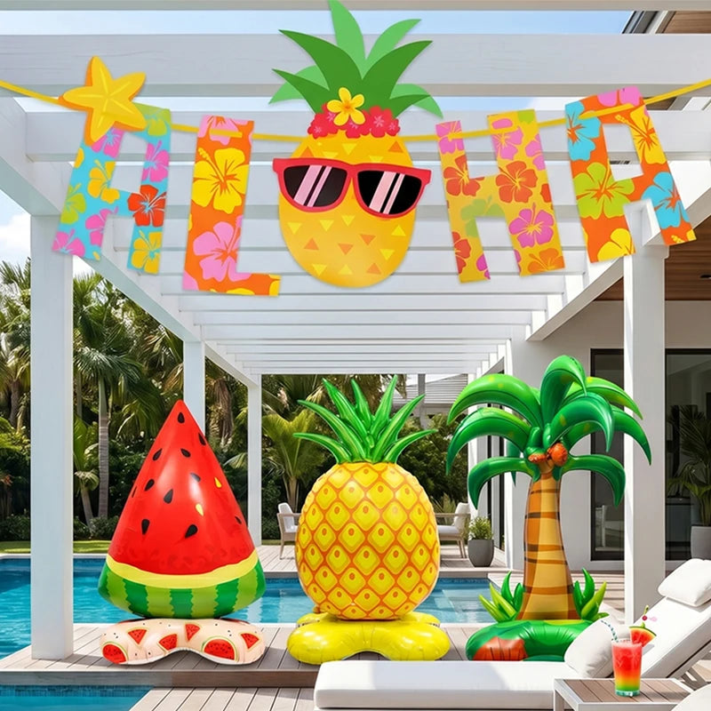 Hawaiian Tropical Party Decorations Set - Giant Foil Balloons, Coconut, Pineapple, Aloha Banner, Summer Pool Beach Supplies