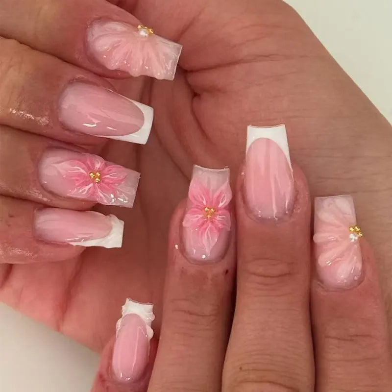 24Pcs Long Square 3D Gel Nail Art Set with Pearl Decor for French Acrylic Press-On Nails
