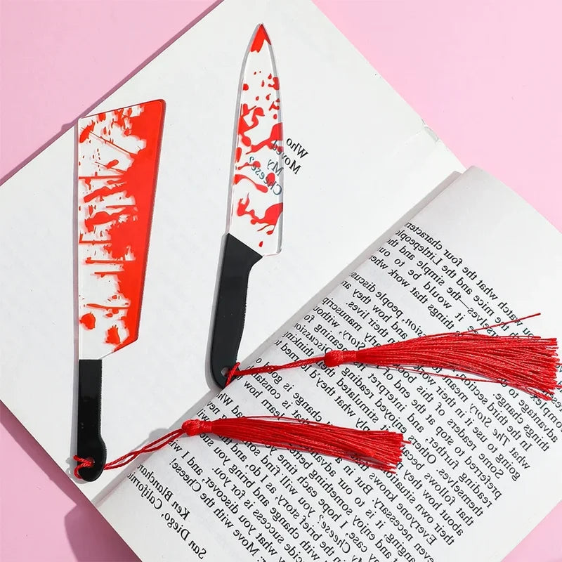 Halloween Horror Knife Acrylic Bookmark with Tassel - Bookworm Gothic Gift