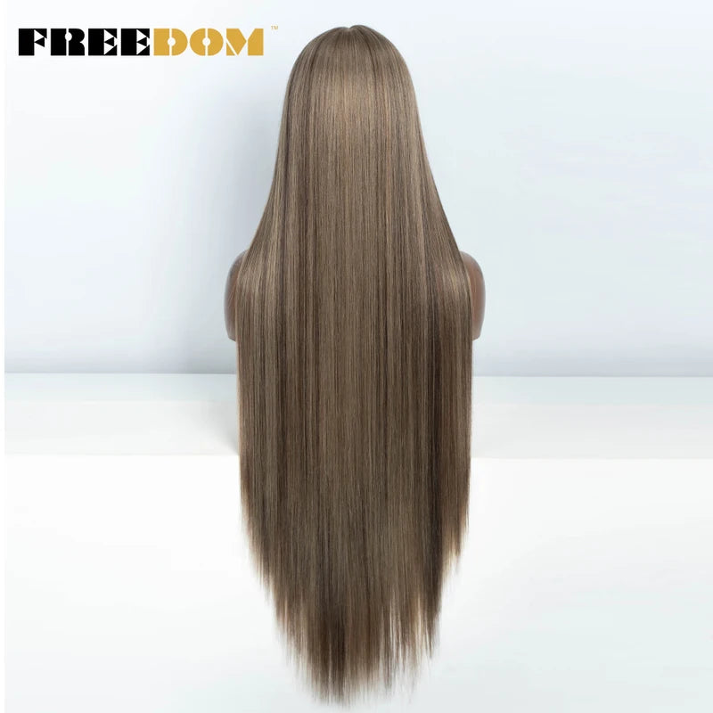 Long Synthetic Lace Front Wig for Women - 38 Inch Ombre Brown Red Blonde Highlight Cosplay Hair