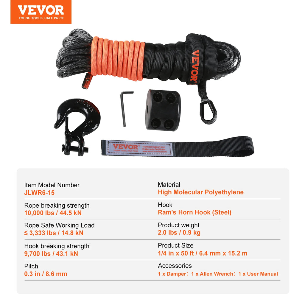 Heavy Duty Synthetic Winch Rope 50ft Line with Forged Hook for ATV Off-Road Vehicles