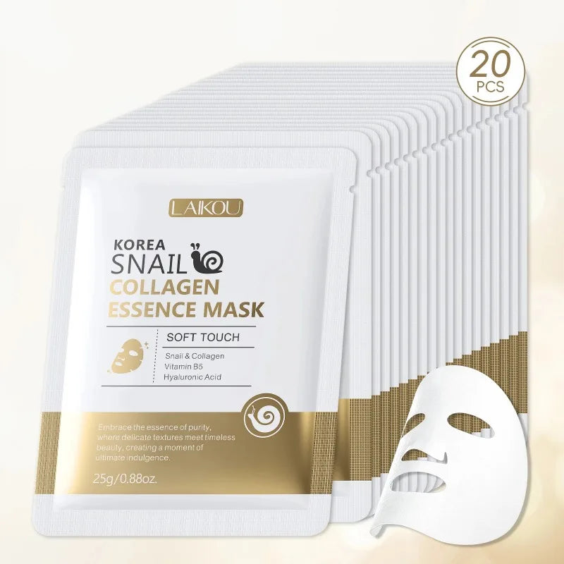 Korean Snail Collagen Face Mask for Hydration & Anti-Aging - 20 Pack