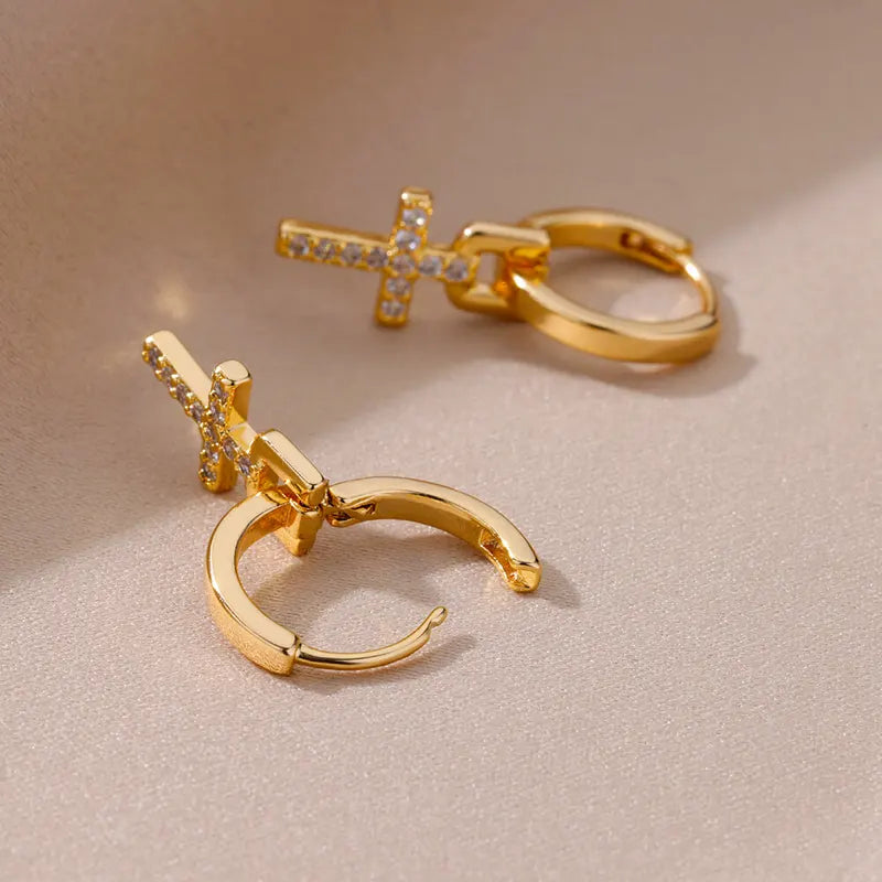 Gold Color Zircon Cross Drop Earrings for Women - Luxury Stainless Steel Jewelry