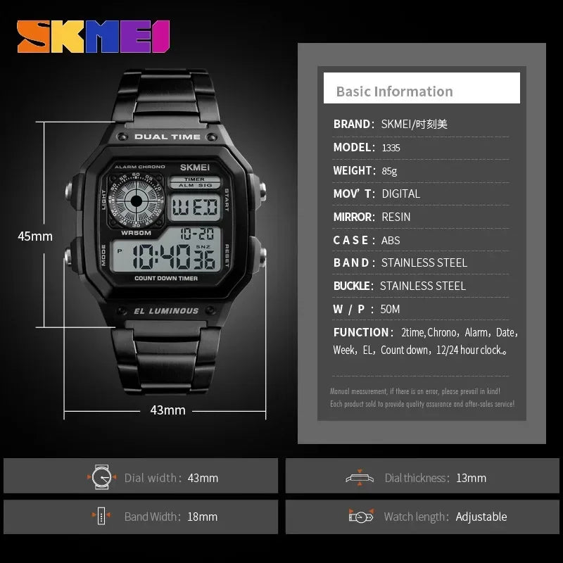Digital Sports Watch for Men Waterproof Chronograph Stainless Steel