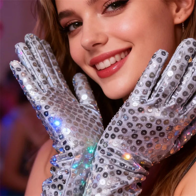 Silver Glitter Mesh Dance Gloves - Sparkly Stage Performance Accessories