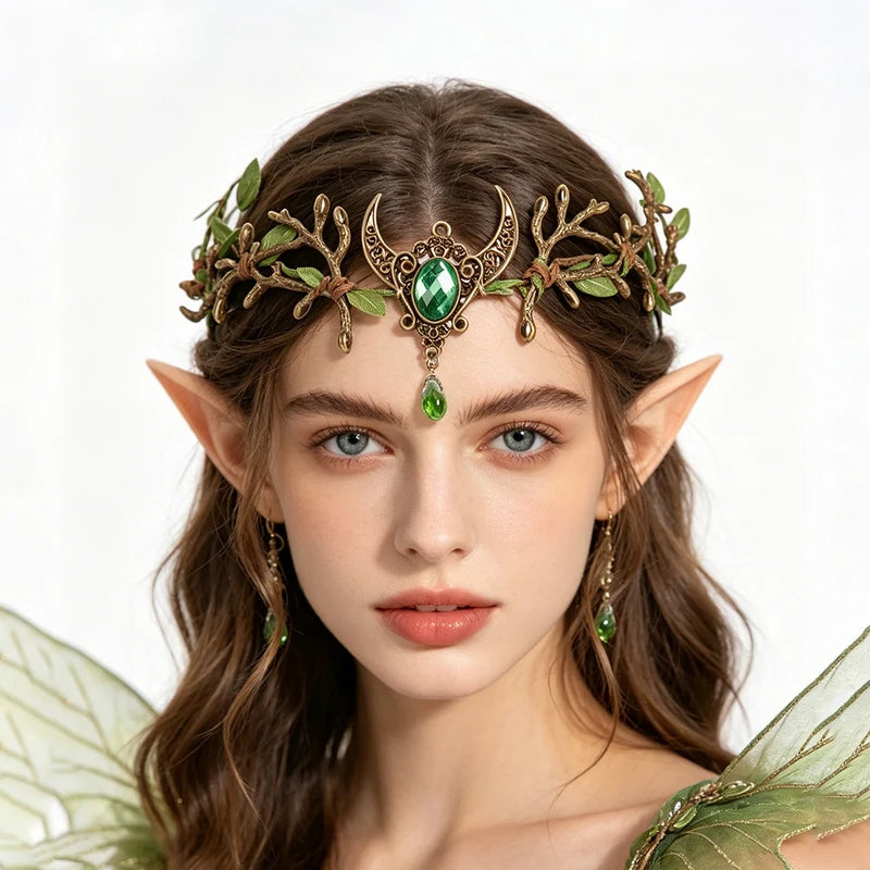 Fairy Moon Headband with Green Gemstone Branch for Halloween & Photo Shoots