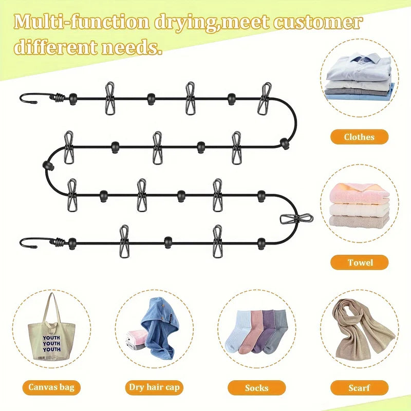 Portable Travel Clothesline with 12 Clips - Retractable Non-Slip Drying Rope for Indoor & Outdoor Use