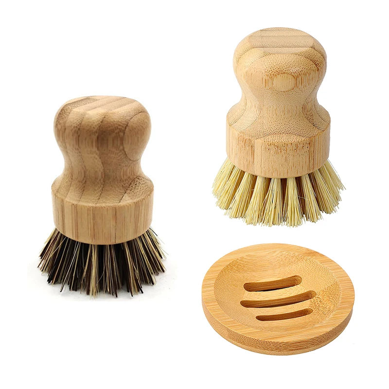 Bamboo Dish Scrub Brush & Soap Dish Set Eco-Friendly Kitchen Cleaning Tool