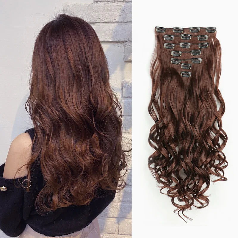 Clip In Hair Extensions 7 Pieces Full Head 22 Inch Curly Wavy Synthetic Hair for Women and Girls