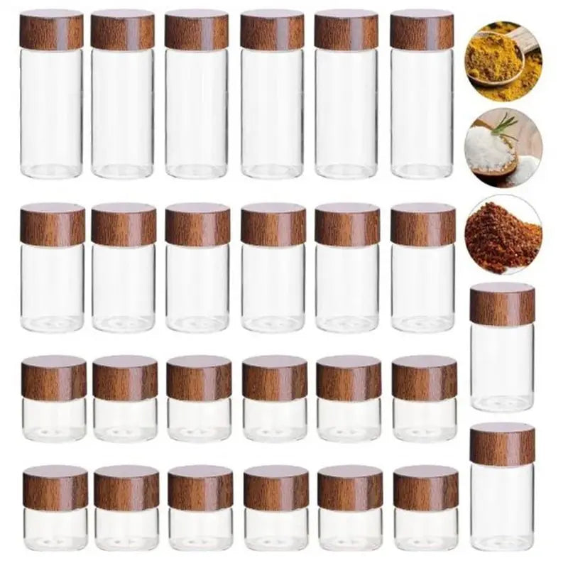 Mini Glass Spice Jars with Wooden Lid Set - Food Grade Sealed Bottles