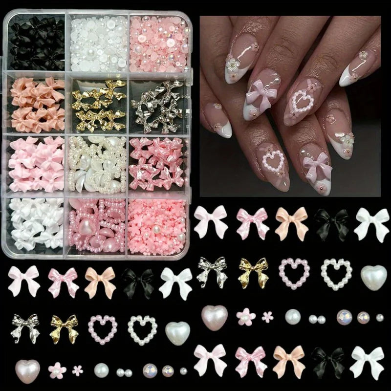 Nail Art Decorations Kit with Resin Bow Charms & Pearls - DIY Manicure Supplies