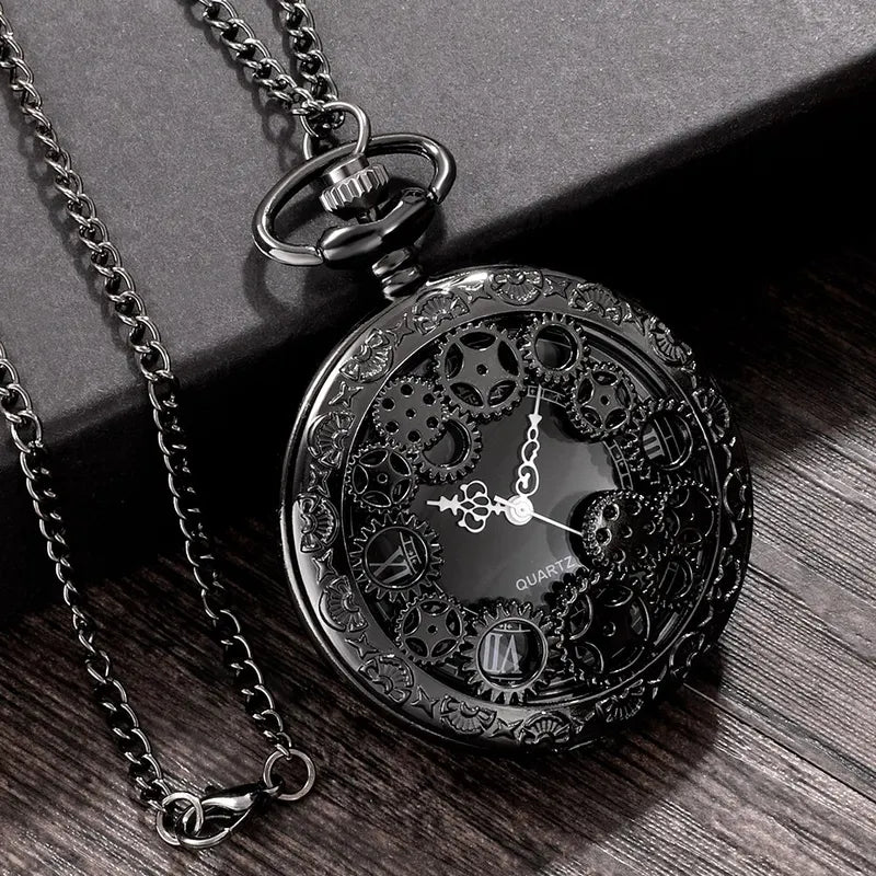 Vintage Steampunk Copper Hollow Gear Pocket Watch Necklace Pendant Chain Men Women Gift