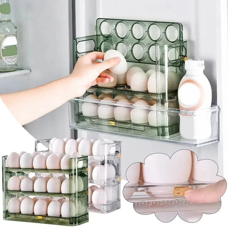 Refrigerator Egg Storage Box with Flip-Open Tray - 3-Layer, Large Capacity, Clear Food Organizer