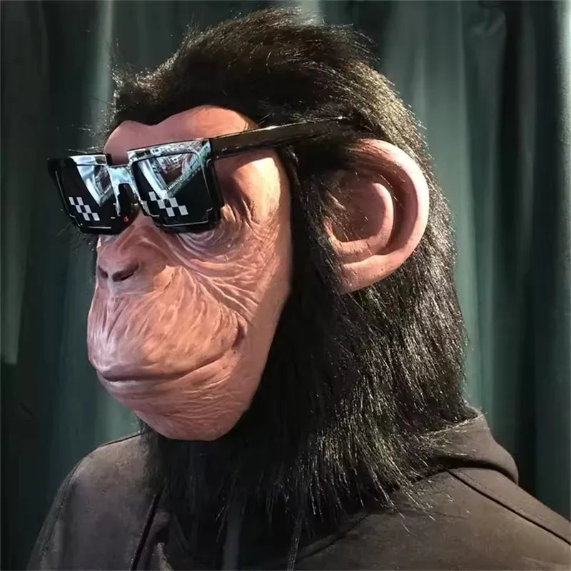 Latex Monkey Mask with Wig Funny Full Face Animal Costume Prop for Halloween & Parties