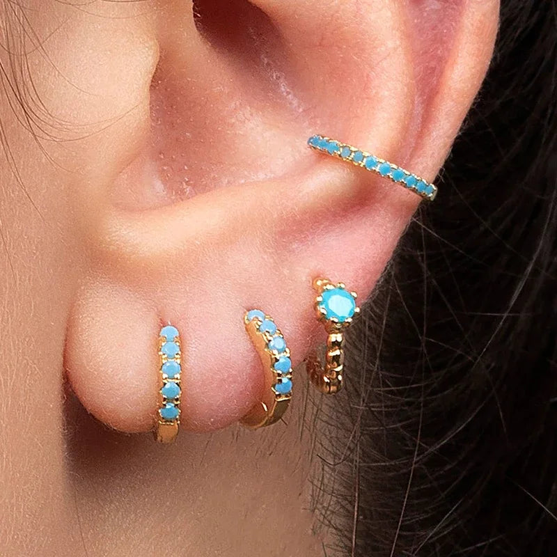 Sterling Silver Turquoise Stud Earrings for Women - Blue Crystal Pendant, Gold Finish