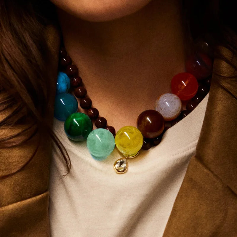 Bohemia Acrylic Chunky Beads Necklace with Zircon Pendant - Water Drop Shape, Y2K Beach Jewelry