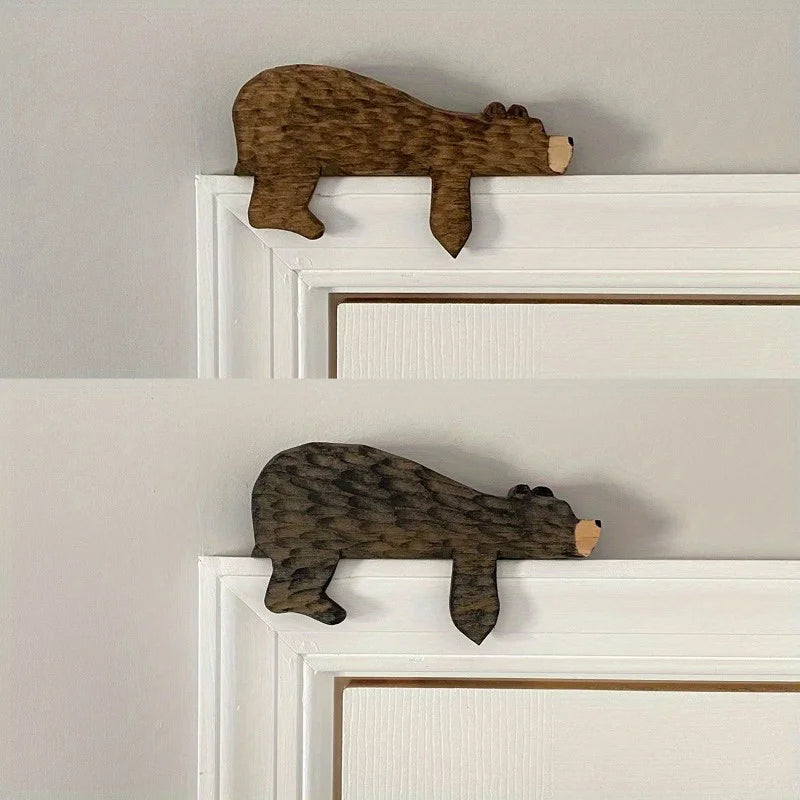 Wooden Bear Door Topper Sculpture - Corner Wall Decor Figurine for Home Office