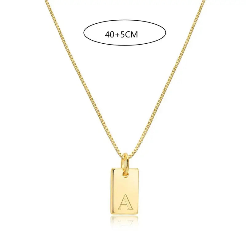 Tiny Square Initial Letter Necklace Gold Plated Stainless Steel Engraved Jewelry